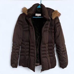 Calvin Klein Black Puffer Jacket with Faux Fur Detachable Hood Size M